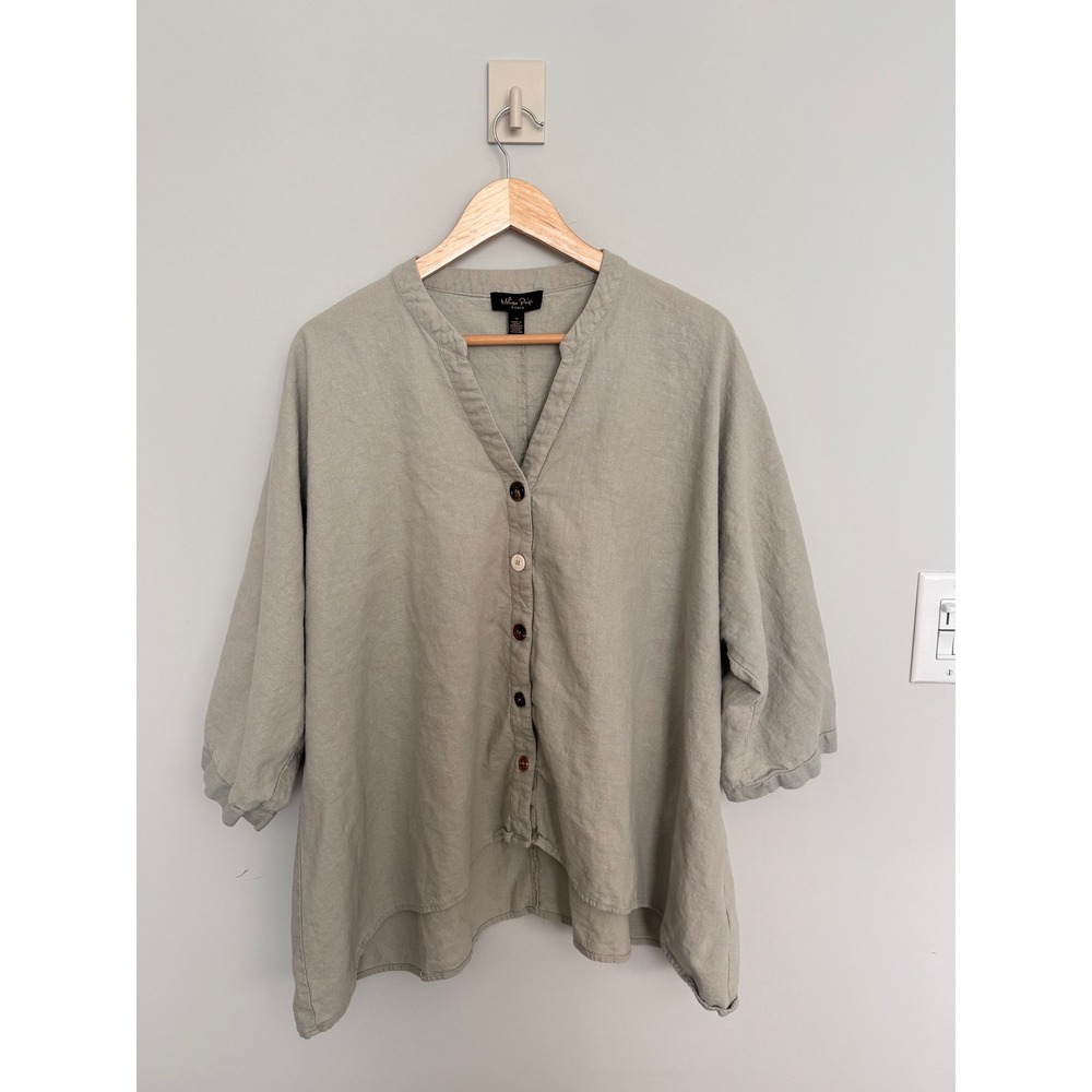 MELISSA PAIGE | Linen Blend Blouse Woman 1X Sage Green Button Front Lagenlook
